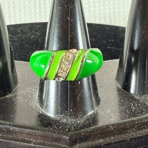 Vintage Green and Light Green Enamel Color , Clear Color Rhinestones Ring size8